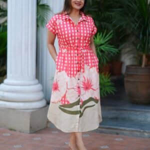 New Arrivals coral check linen