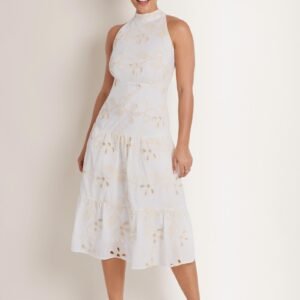 embroidered halter mock neck midi dress natural