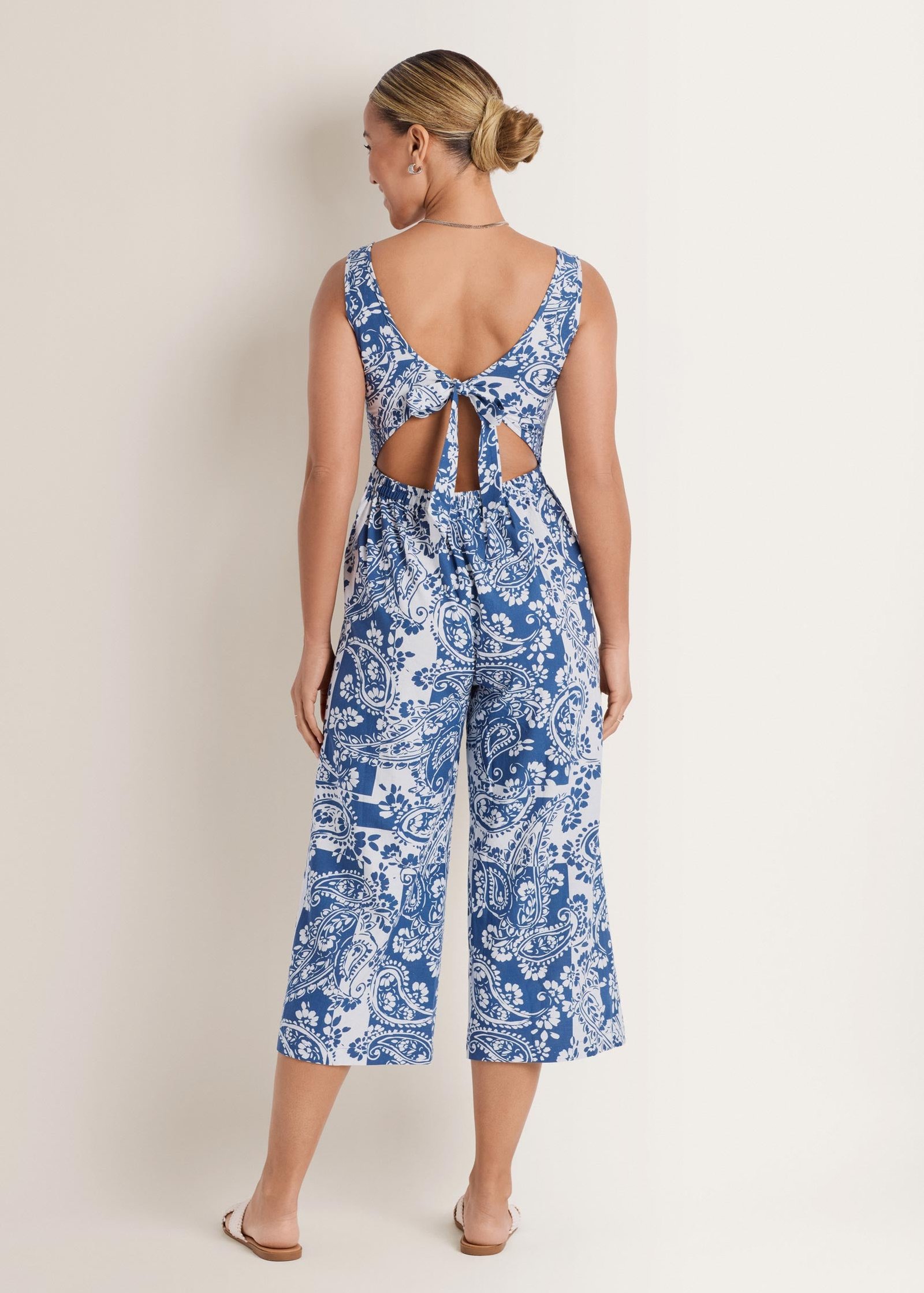 linen jumpsuit patched paisley blue linen jumpsuit patched paisley blue