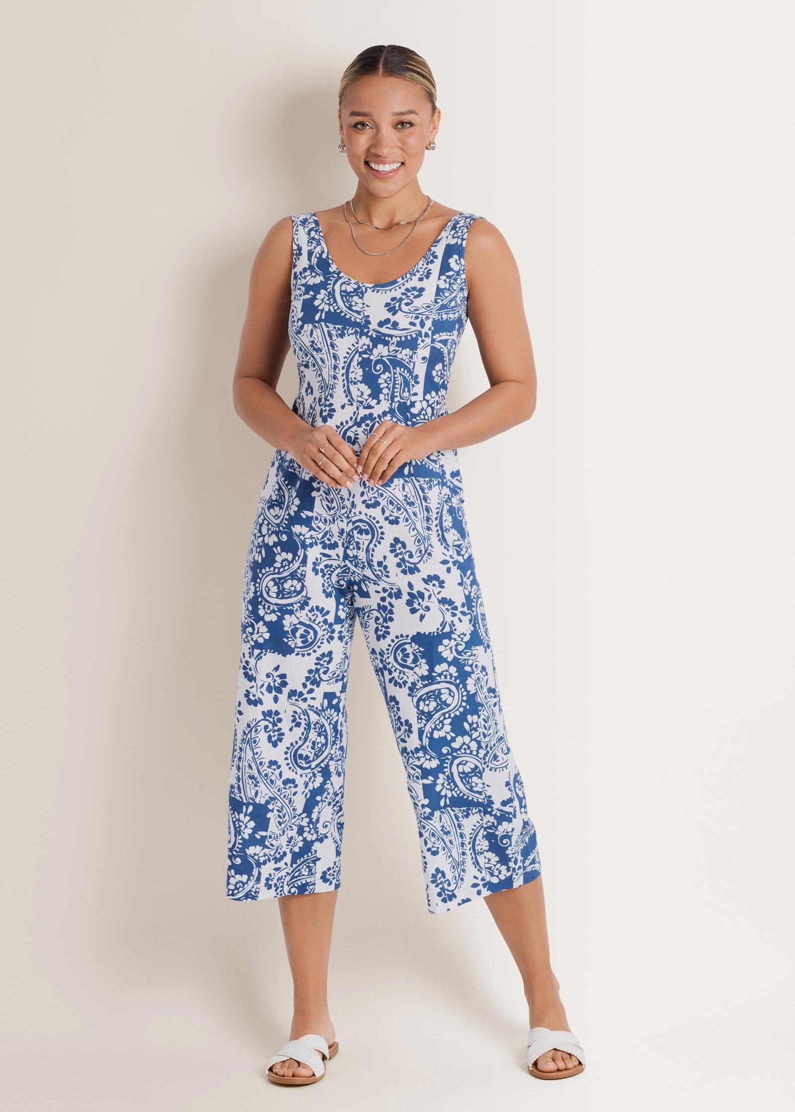 linen jumpsuit patched paisley blue linen jumpsuit patched paisley blue