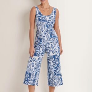 linen jumpsuit patched paisley blue