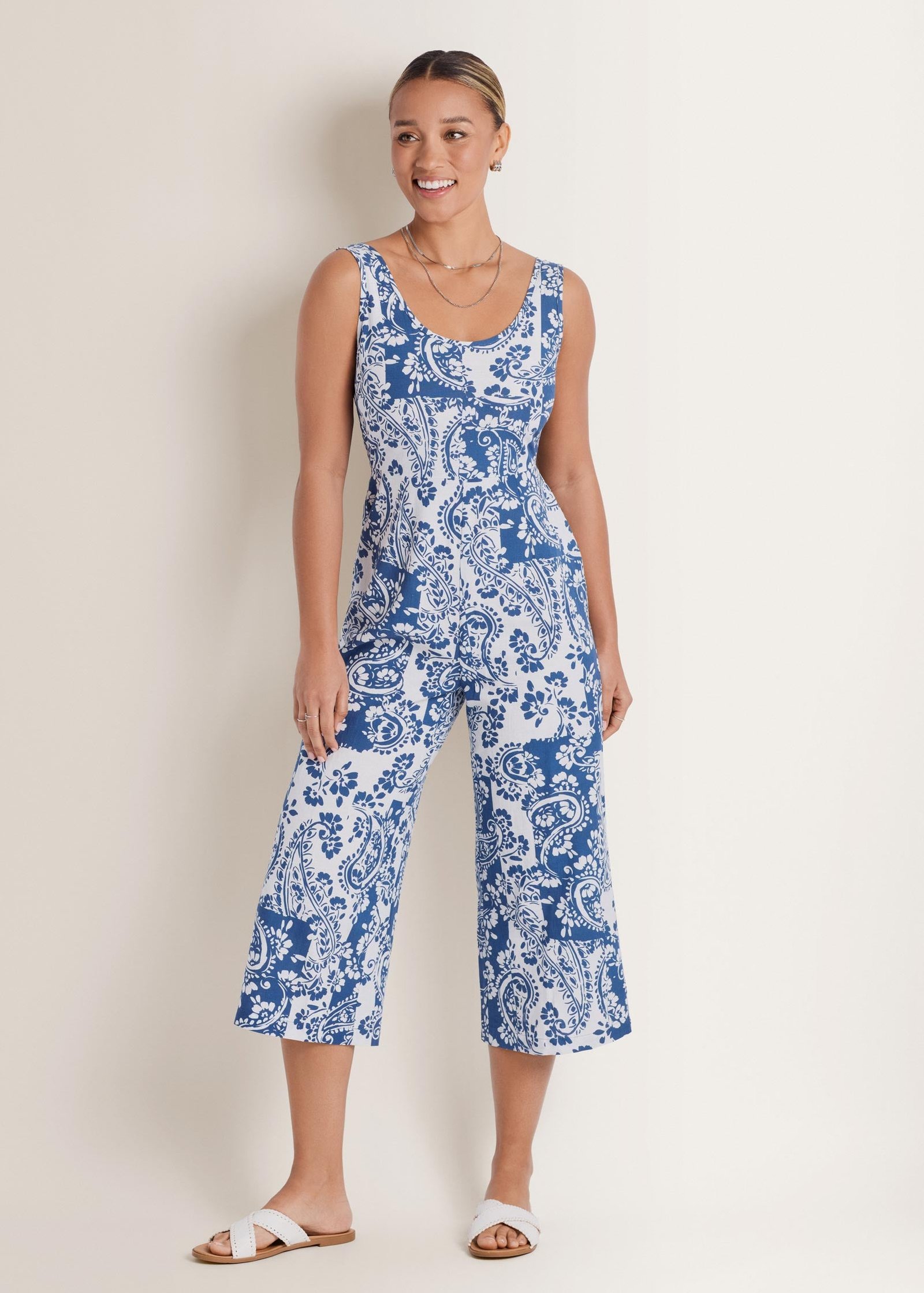 linen jumpsuit patched paisley blue linen jumpsuit patched paisley blue