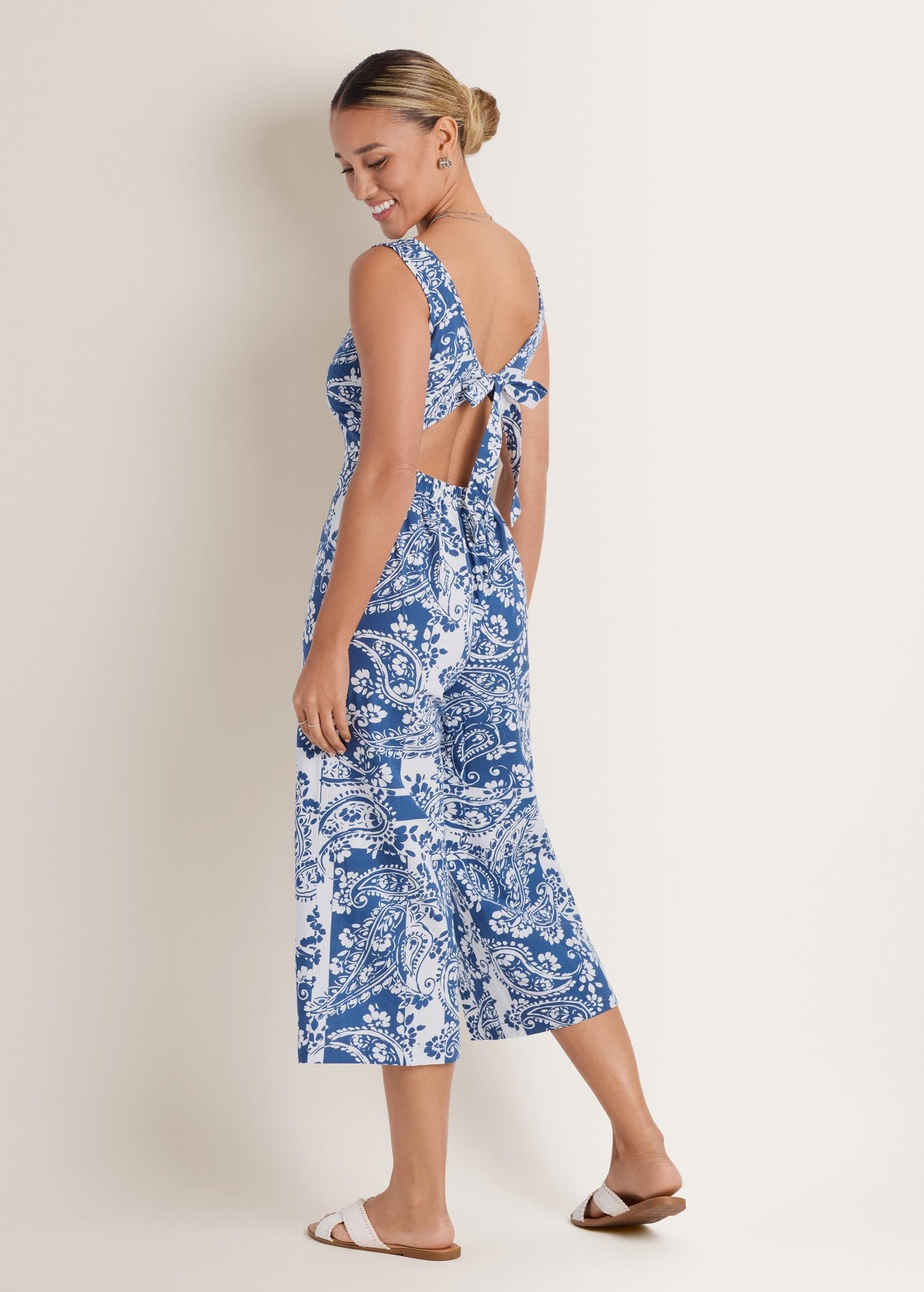 linen jumpsuit patched paisley blue linen jumpsuit patched paisley blue